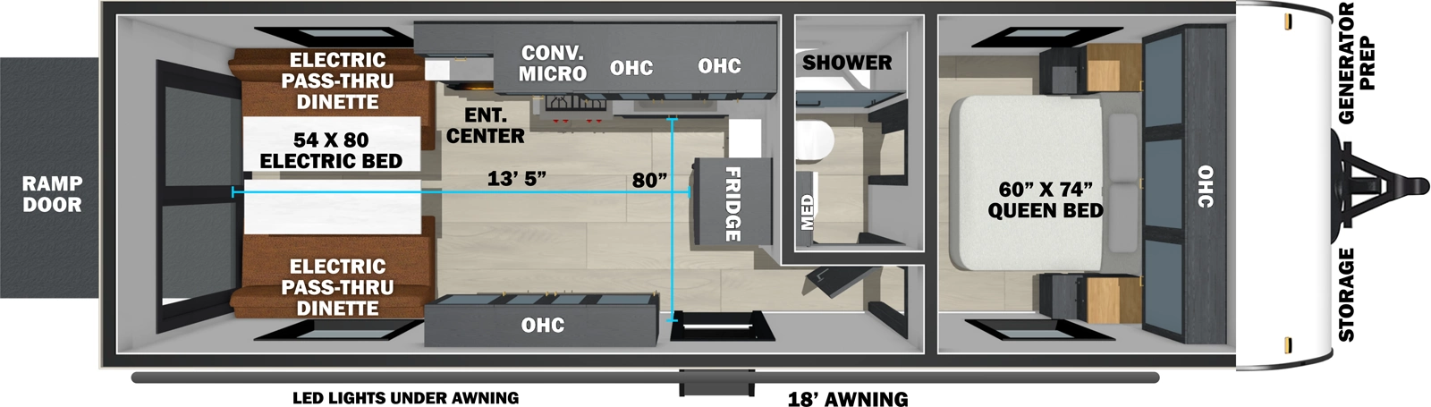 The Stealth 2513 floorplan is a toy hauler that has one entry and zero slide outs. Exterior features include: fiberglass exterior and 18' awning. Interiors features include: front bedroom.